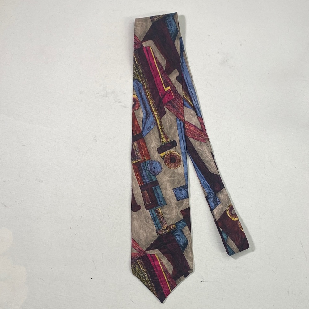 Men's Abstract Geometric Tie in Beige, Blue & Burgundy